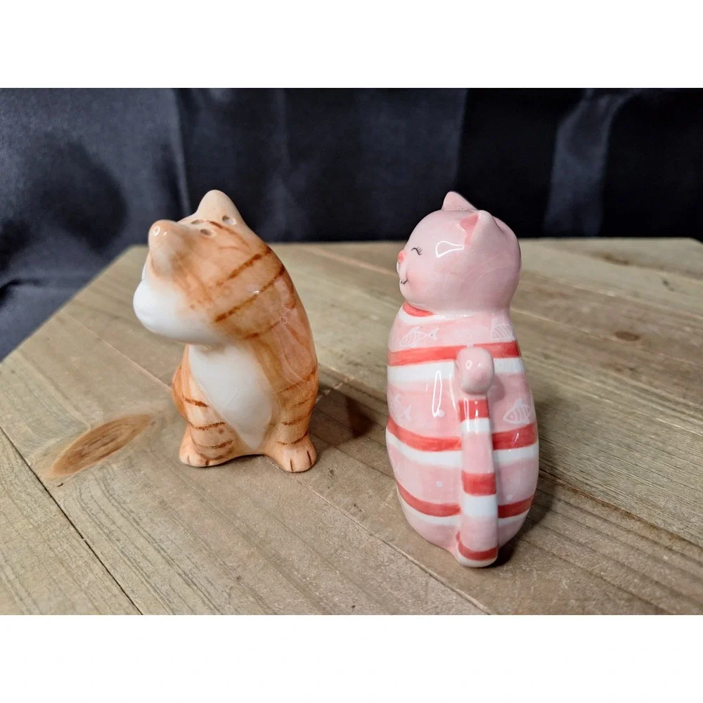 Orange Tabby and Pink Striped Fish Ceramic Cat Salt and Pepper Shaker Set